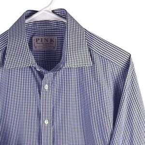 Thomas Pink Shirt Mens 15 34/35 Blue Gingham French Cuff Dress Long Sleeve